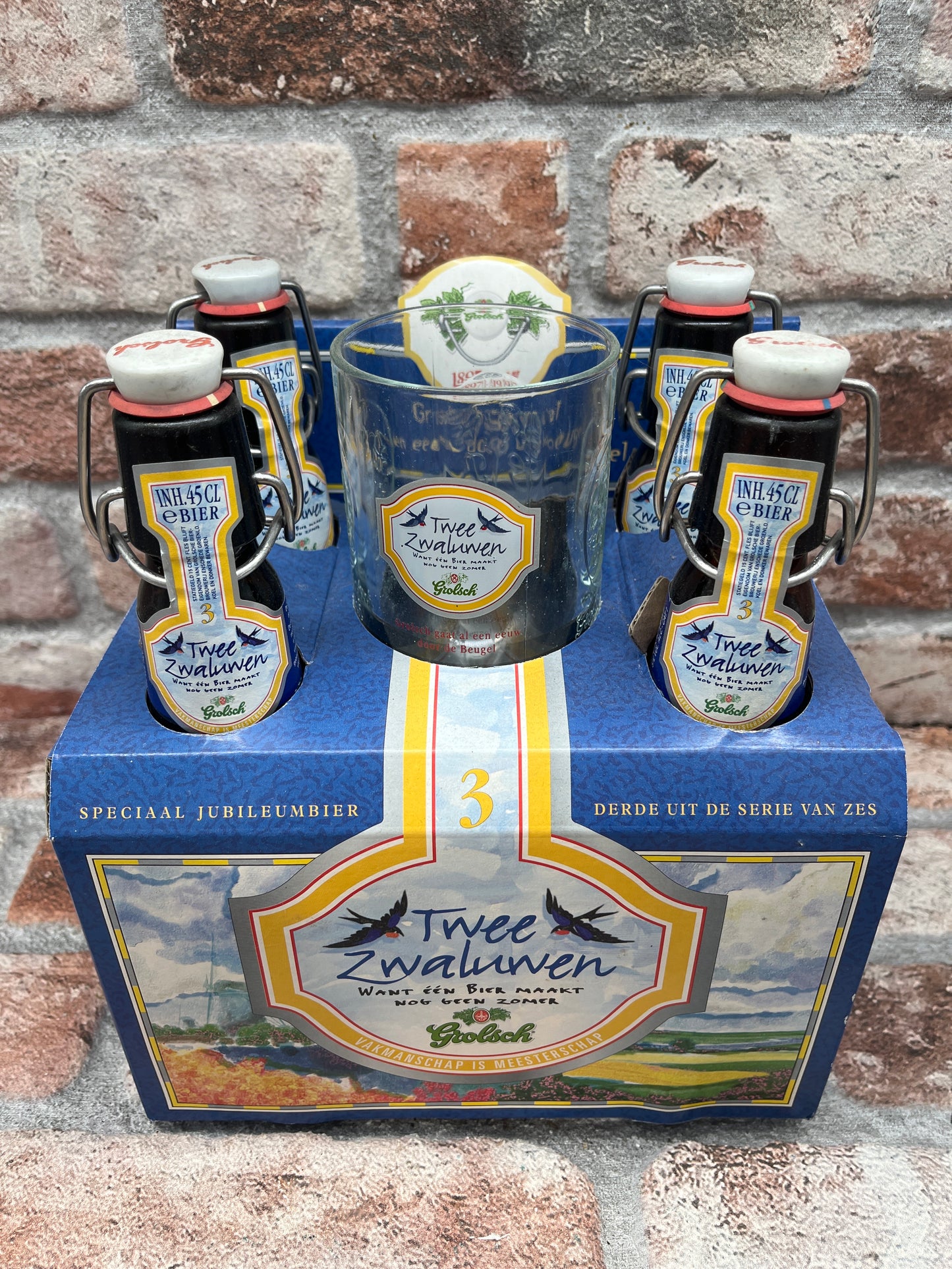 Grolsch Jubiläumsbier-Set 6 x 4 Flaschen plus 6 Gläser zu Ehren von 100 Jahren Bügelflaschen 1997 - 44 CL